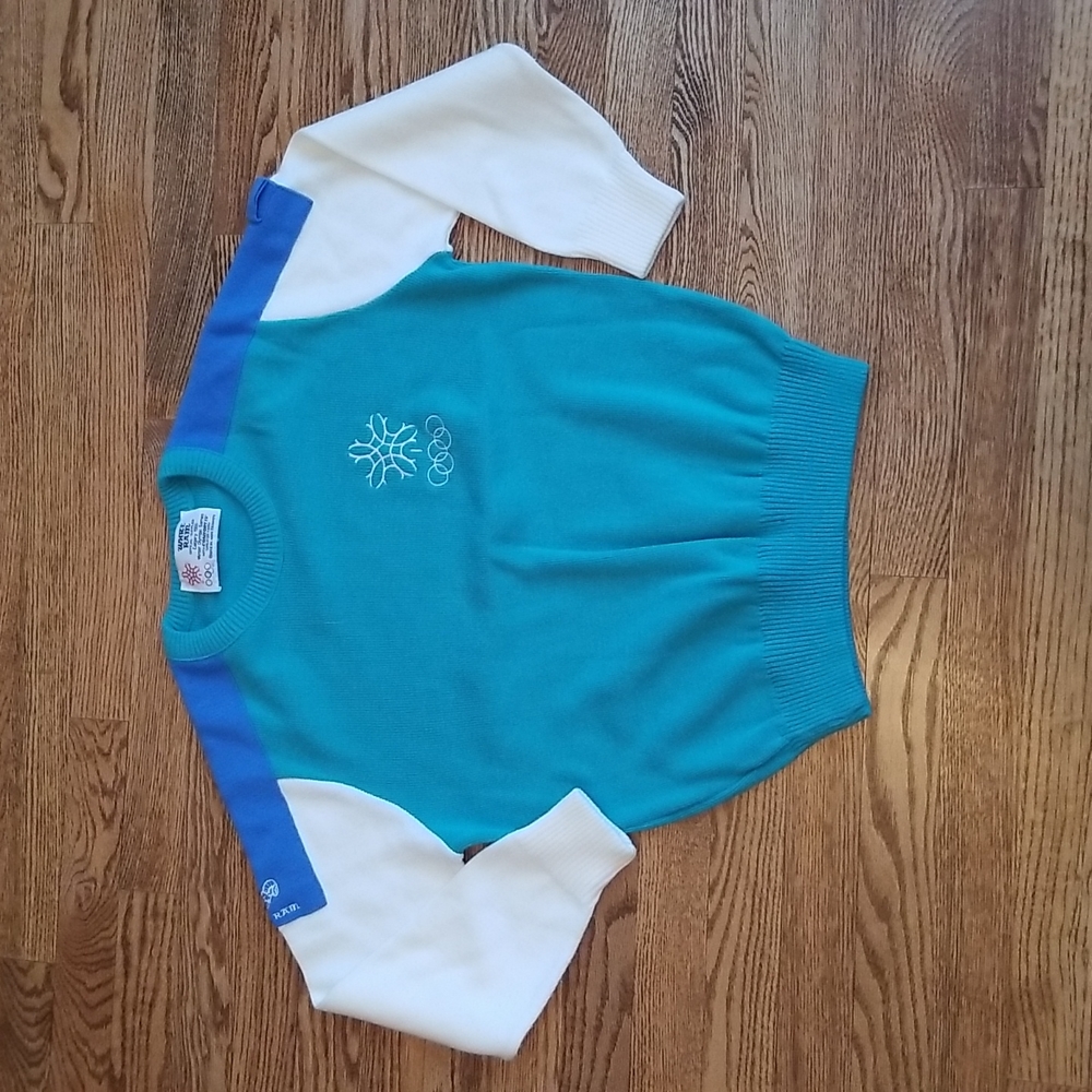 (M) Vintage White Ram 1980s Winter Olympics Games Color Block Knit Crew Sweater